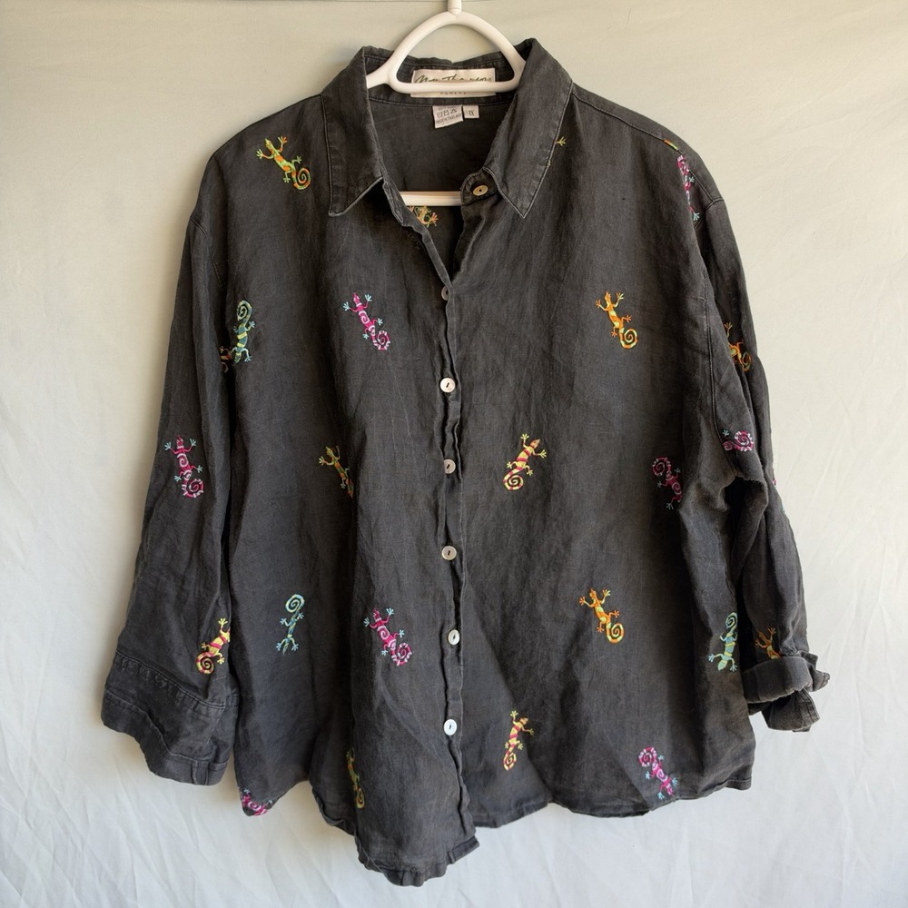 Norm Thompson Womens 1X Black Linen Shirt Embroidered Gecko Lizard Novelty